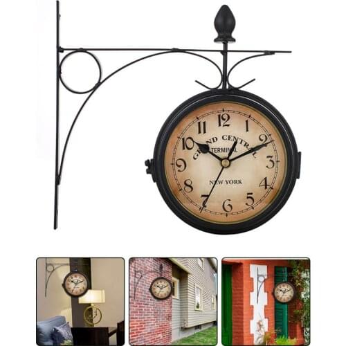 Doublesided Clock Hanging Retro Double Sided Battery Powered Metal Mount Vintage Garden Coffee Bar Decoration Round Station