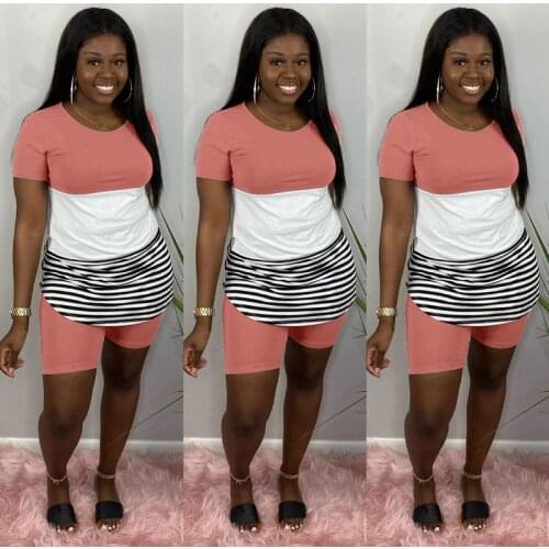 TNNAOFF Plus Size Striped Patchwork Two Piece Tracksuits Women Set Short Sleeve T Shirt+Biker Shorts Lounge Wear Matching Sets
