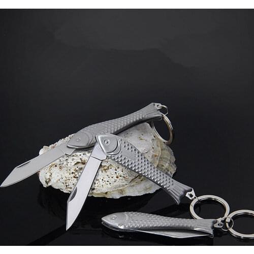 Creative fish shape Protable Fold Knife Key Stainless Steel Pocket Knife Key Chain Knife Peeler Mini Camping Key Ring Knife Tool