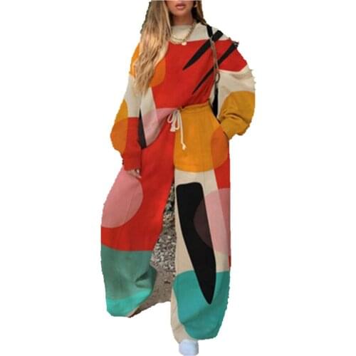 Hot sale in spring and autumn of 2021 womens fashion long sleeve comfortable printing splicing sleeve loose casual round neck
