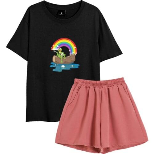 Harajuku Kawaii Frog Sleepwear Summer Two Piece Suit Cotton Short Blank Pajama Shirt Casual Loose Korean Style Chic Pajamas Set