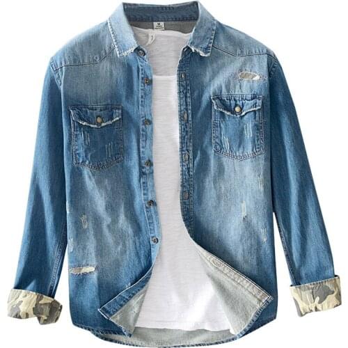 2020 men shirt hole Denim Shirt fashion cotton mens brand dress shirt patchwork High Quality Long Sleeve Slim Fit shirt