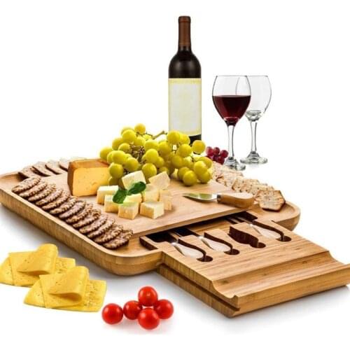 Bamboo Cheese Board Cutter Set Slide-out Drawer Serving Platter Tray Cutting Board for Cheese Fruit Vegetable Kitchen Storage