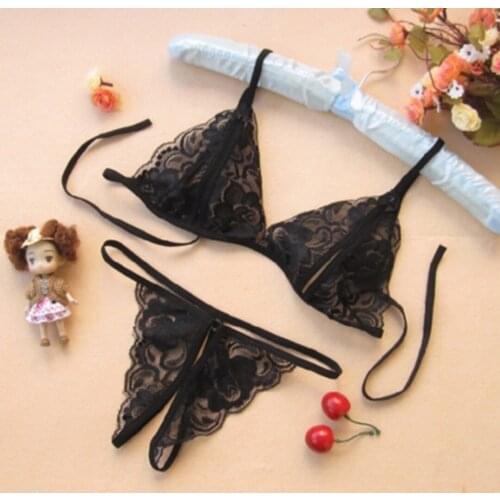 New Ladies Lace Sexy Lingerie Open Crotch Hanging Neck Three-point Bra Large Size Bow Sexy Suit Lingerie Set Sexy