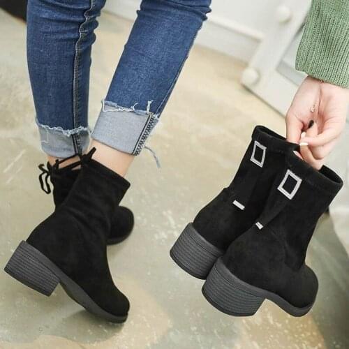 2021 Autumn and Winter Martin Boots Womens Casual Thick Heel Stretch Short Boots Large Size 43 Suede Fashion Boots Women