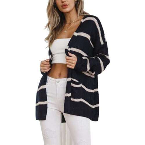 2019 Autumn Stripe Knitting Long Sleeve Sweater Women Cardigan With Pockets Blusa De Frio Feminina Ez