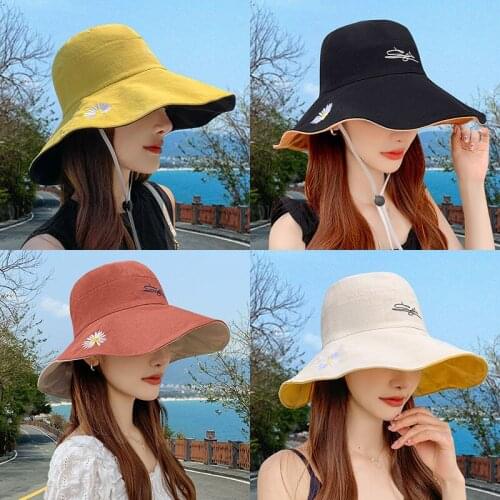 Women Bucket Sun Hats Embroidery Female Summer Adult Foldable Stylish Versatile Double-sided Wide Brim Sunhat Fisherman Hat