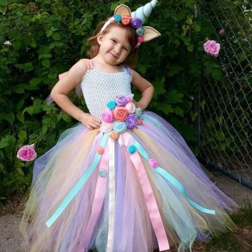 Girls Pastel Unicorn Flower Tutu Dress Kids Crochet Tulle Dress Ball Gown with Ribbons and Hairbow Children Party Costumes Dress