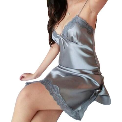 2020 Sexy underwear Sling Sleepwear Women Soft Satin Dress Solid Color Deep V Lace Trim Silk Robe Dress Mini Nightdress