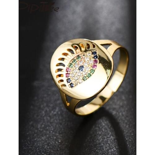 Pipitree Open Devils Eye Ring for Women Gold Color Oval Shape CZ Zircon Ring Female Evil Eye Bague Crystal Jewelry Adjustable