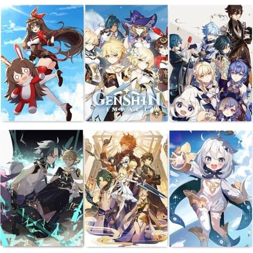 Genshin Impact Poster White Coated Paper Anime Poster Simple Canvas Art Print Painting Wall Picture for Living Room Decoration