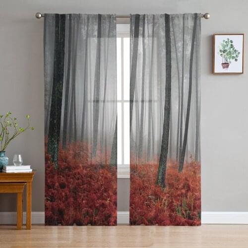 Red Leaves Forest Sheer Curtains for Living Room Modern Voile Curtain Bedroom Tulle Curtains Window Drapes Decor