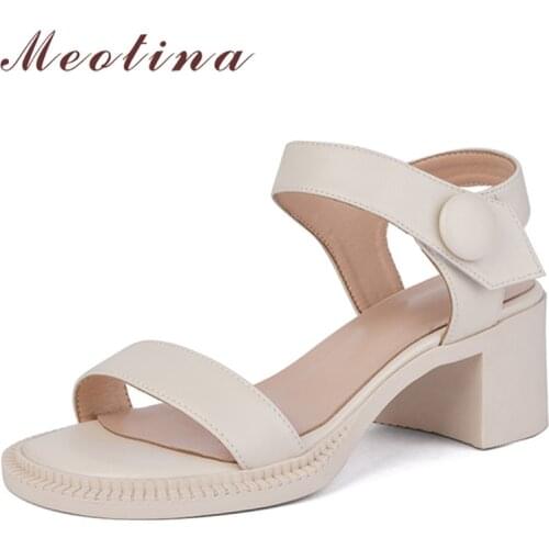 Meotina Women Shoes Genuine Leather Sandals Med Heel Sandals Round Toe Shoes Chunky Heel Cow Leather Lady Footwear Summer Black