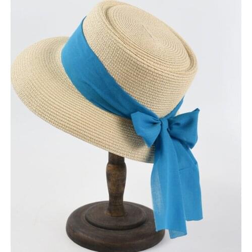 New Women Flat Top Hat Straw Hat Summer Wide-Brimmed Boater Hat Elegant Ladies Sun Hats Pork pie Ribbon Fedora Hat Chuch Derby