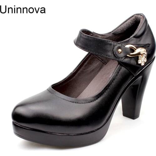 Classic Mary Jane Pumps Genuine Leather Super High Heels Comfortable Business Shoes Autumn Spring Uninnova Plus Size 43 WP075
