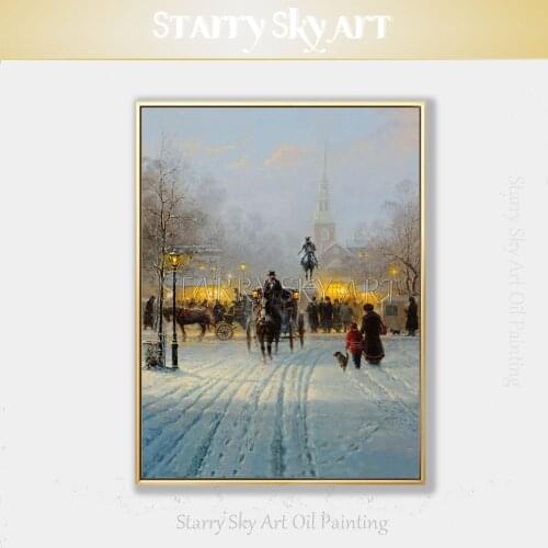 Top Artist Hand-painted High Quality Winter Landscape Boston Oil Painting on Canvas Beautiful Boston Winter Night Oil Painting