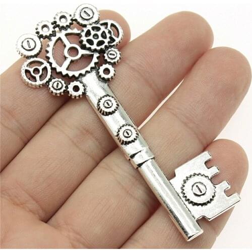 WYSIWYG 2pcs/lot 32x72m Vintage Charms Hollow Steampunk Gear Key Pendant 2 Colors Fit Bracelets DIY Metal Jewelry Making