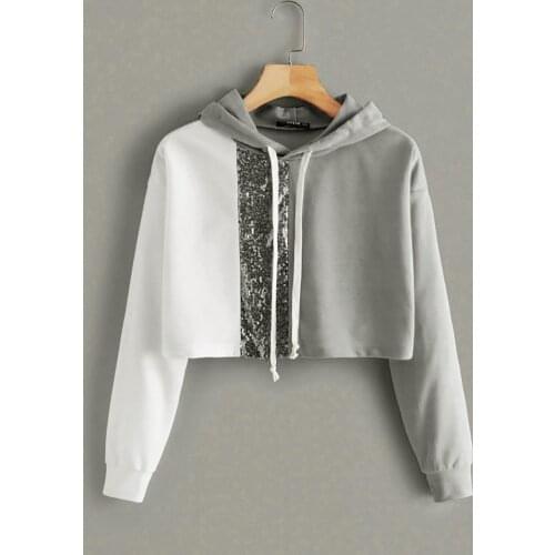 Fashion Hoodie Women Loose Long Sleeve Solid Color Sequin Splice Sweatshirt Tops New Autumn Winter Women Girls Hoodie Jacket