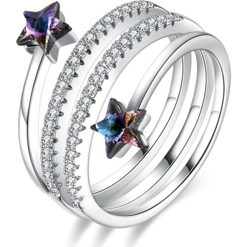 S925 Women Crystals Stars Rings Charm 925 Sterling Silver Lady Fine Zircon CZ Stack Rings for Party Christmas Jewerly