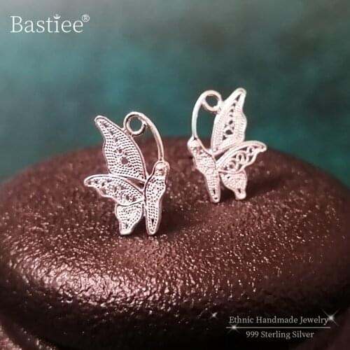 Bastiee 999 Pure Silver Butterfly Stud Earrings For Women Cute Stud Tips Miao Handmade Luxury Jewelry Vintage Ethnic Earing