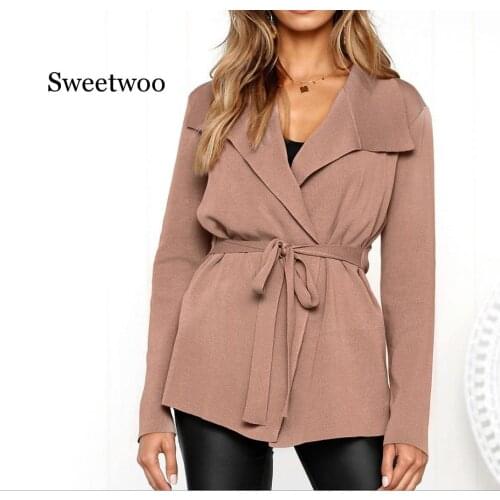 Women Long Sleeve Cardigan Solid Slim Fit Blazer Jacket Casual Lace Up Ladies Outwear Knitted Sweater Femme Vintage Tops