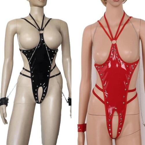Sexy PVC Leather Cupless Teddy Wet Look Body Harness Crotchless Bodysuit Chained Wrist Cuffs Mistress Fetish Costume
