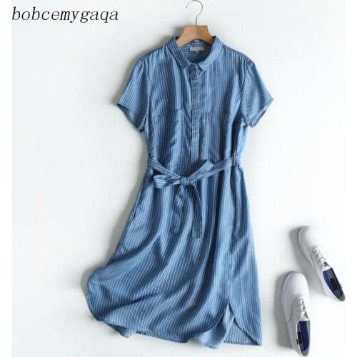 Summer striped denim shirt dress women turn down collar soft Jeans dresses casual short sleeves blue office lady dress cotton