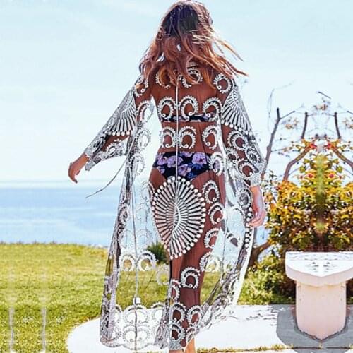 Hot Women Cover Up Lace Kimono Boho Casual Solid Long Bell Sleeve Sheer Loose Collarless Summer Ladies Cardigan Beach Swimwear