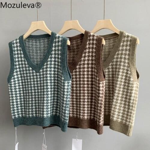 Mozuleva 2021 Autumn Winter Womens Dress Solid Color Sleeveless V-neck Casual Shoulder Top Sweater Sleeveless Plaid Sweaters