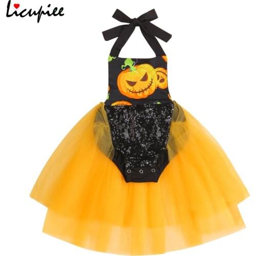 0-24 Months Halloween Bodysuit Baby Pumpkin Print Romper Dress Girls Sleeveless Square Collar Short Halter Jumpsuit with Sequins