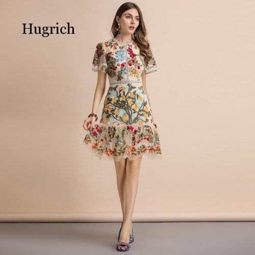 New 2021 Fashion Runway Summer Dress Womens Flare Sleeve Floral Embroidery Elegant Mesh Hollow Out Midi Dresses