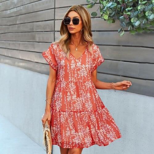 2021 Summer Women Dress Sexy V Neck Short Sleeve A Line Floral Printed Holiday Dress Fashion Casual Loose Chiffon Dress