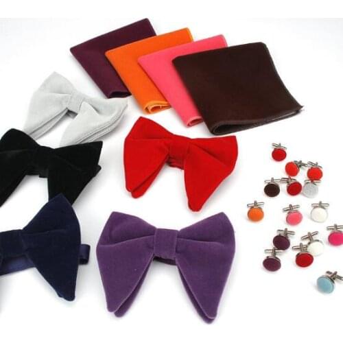 10Sets/lot Velvet Bow Tie Pocket Square Cufflinks Set 17 Colors Pocket Square Handkerchiefs Big Bowtie Cuff Links Set Wholesale