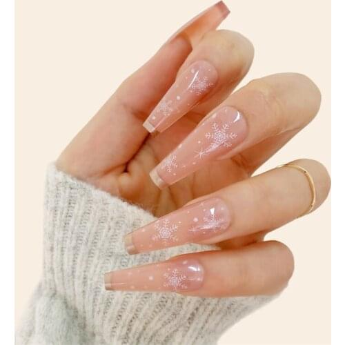 24pcs Fake Long Fingernail Ballet Nude Color Transparent Pink Cloud Manicure Patch Press on Nails with Designs for Girls JP1012