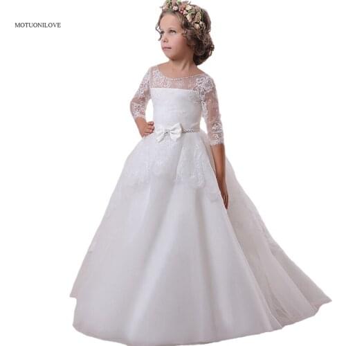 3/4 Long Sleeves Lace Sheer Beaded Flower Girls Dresses For Wedding Birthday Party Toddler Long Formal Gown Vestidos Comunion