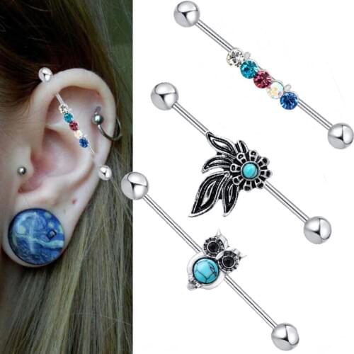 1Piece 14G Fashion Stainless Steel Long Industrial Barbell Rose Flower Owl Love Tragus Helix Ear Piercing Body Jewelry
