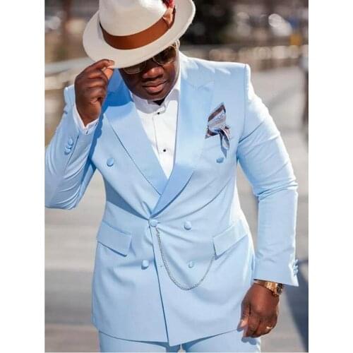 Double Breasted Boby Blue Mens Evening Dress Toast Suits Prom Party Clothing Groom Tuxedos (Jacket+Pants+Tie) W:498