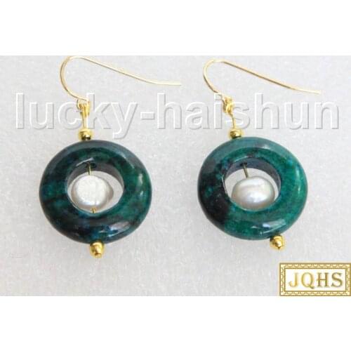 JQHS Genuine Dangle 10mm white pearls green Chrysocolla Earrings hook j11476