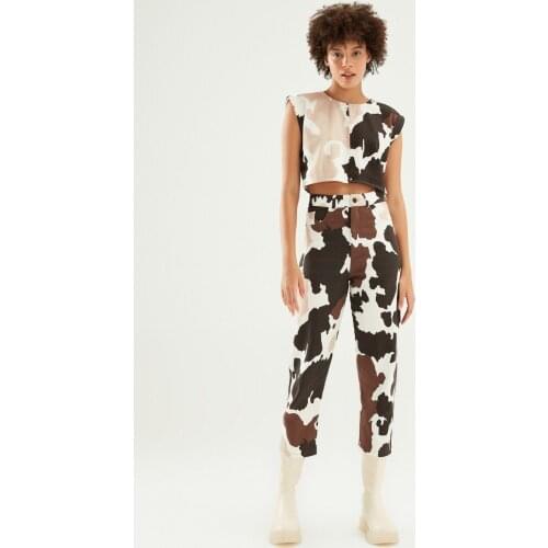 Brown Animal Patterned 100% Cotton High Waist Calf Length Gabardine Pants- Short Length Blouse Womens Trend Street Style