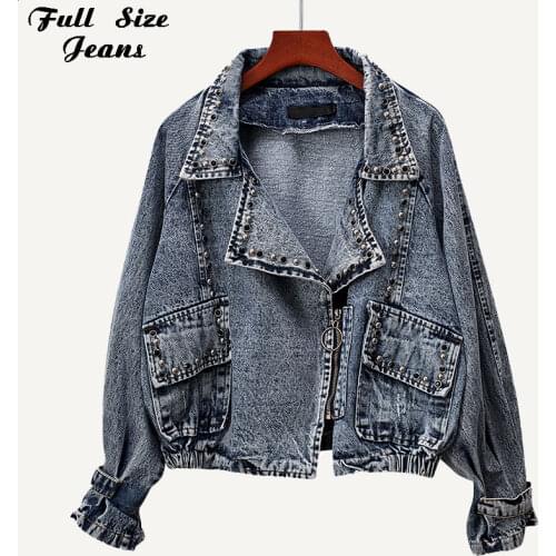 Women Plus Size Harajuku Zipper Hand-sudded Rivets Motorcycle Jeans Jacket 4XL Women Street Casual Jackets Loose Jeans Coat