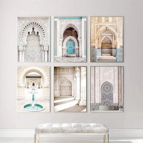 Moroccan Arch Door Architecture Art Canvas Painting Islamic Arabic Prints Mosque Wall Art Poster Modern Pictures Muslim Decor