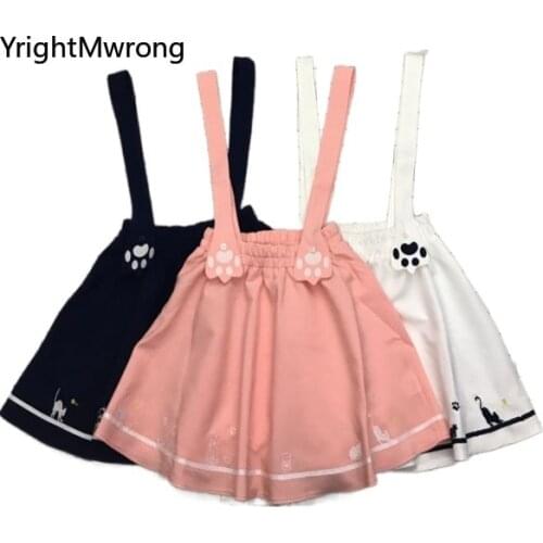 Japan Korean Lolita Embroidery Cat Cartoon Pretty College Suspender Skirt Student Uniform Mini High Waist Summer Faldas Tutu New