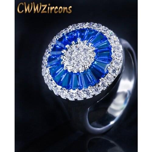 CWWZircons Fashion Brand Silver Color Big Round Anstrian Blue Cubic Zirconia Crystal Engagement Rings Jewelry For Women R023