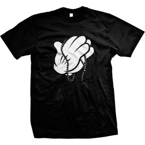 Cartoon Hands Holding Rosary Beads Faith White Gloves Mickey Mens T shirt