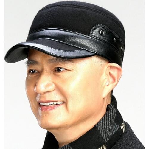 Middle Aged Mens Leather Flat Top Baseball Dad Cap Hat Brand Winter Russian Warm Caps Men Ear Protection Caps