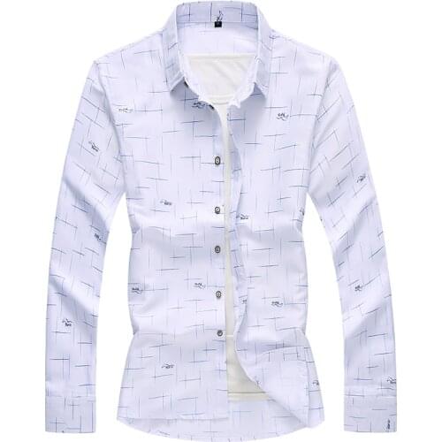 Mens Printed Long-sleeved Shirt Plus Size 7XL 6XL 5XL Spring Autumn Fashion Slim Casual Hawaiian Shirt Brand White Light Blue