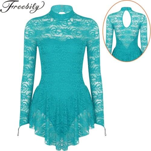 Women Adult Long Sleeve Lace Ballet Gymnastics Leotard Figure Ice Skating Dress Female Stage Performance Competition Costumes