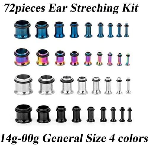 72pieces Stainless Steel Single Flared Flesh Tunnel Ear Stretching Kit Piercing Earring Gauge Plug Stretcher Expander Set 14-00g