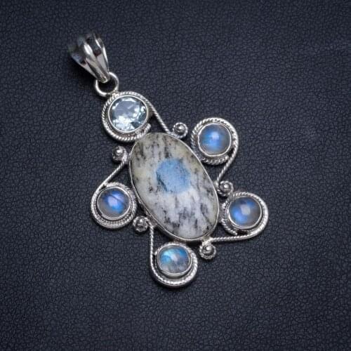 Natural K2 Azurite and Rainbow Moonstone Handmade Unique 925 Sterling Silver Pendant 1.75" X0012