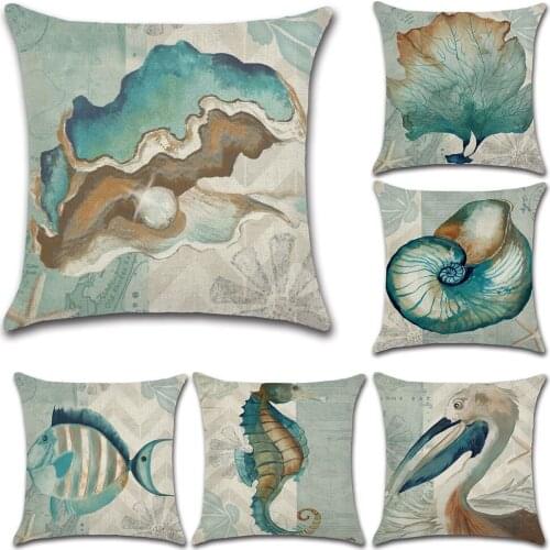 Hand drawn conch sea horse sea fish Printed Cushion Cover Cotton Linen Ocean Printed Home Decor Pillowcase Sofa Cushion Case
